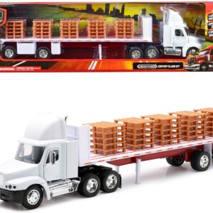 Freightliner Century Class S/T Flatbed Truck White with Pallet Accessories “Long Haul Trucker” Series 1/32 Diecast Model by New Ray