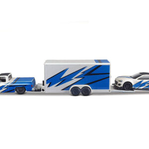 1987 Chevrolet 1500 Pickup Truck White with Blue Graphics and 2019 Subaru BRZ White with Blue Graphics with Enclosed Car Trailer “Team Haulers” Series 1/64 Diecast Model Car by Maisto