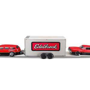 2006 Dodge Magnum R/T Red and Black and 1969 Dodge Charger R/T Red and Black with Enclosed Car Trailer “Edelbrock” “Team Haulers” Series 1/64 Diecast Model Car by Maisto