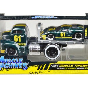 1950 Ford COE Flatbed Truck #61 and 1966 Ford GT40 MK II #61 Green Metallic with Yellow Stripes “Muscle Transports” Series 1/64 Diecast Model Cars by Muscle Machines