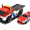 JDM Flatbed Truck #46 Red and White with Blue Stripes and 1972 Datsun 240Z #46 Red and White with Blue Stripes “BRE” “Muscle Transports” Series 1/64 Diecast Models by Muscle Machines