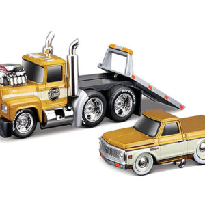 1980 Mack A685ST Flatbed Truck Gold Metallic with Beige Stripes “Madman Garage” and 1972 Chevrolet C10 Pickup Truck Gold Metallic and Beige “Muscle Transports” Series 1/64 Diecast Models by Muscle Machines