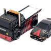 JDM Flatbed Truck #25 Black and Red and 1983-85 Toyota Trueno Sprinter (AE86) #25 Black and Red “Advan” Livery “Muscle Transports” Series 1/64 Diecast Models by Muscle Machines