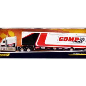 International LoneStar Enclosed Car Transporter “Comp Cams” White and Black with Stripes “Custom Haulers” Series 1/64 Diecast Model by Maisto