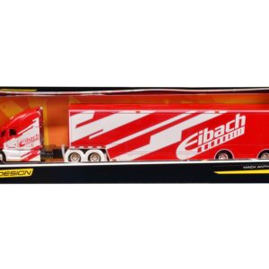 Mack Anthem Enclosed Car Transporter “Eibach” Red with White Graphics “Custom Haulers” Series 1/64 Diecast Model by Maisto