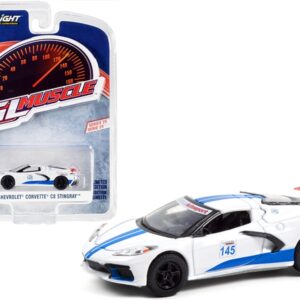 2020 Chevrolet Corvette C8 Stingray #145 White with Blue Stripes “Greenlight Muscle” Series 25 1/64 Diecast Model Car by Greenlight