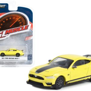 2021 Ford Mustang Mach 1 Grabber Yellow with Black Stripes “Greenlight Muscle” Series 27 1/64 Diecast Model Car by Greenlight