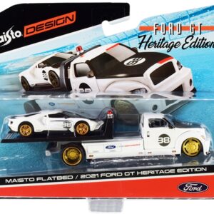 2021 Ford GT #98 Heritage Edition with Flatbed Truck White and Black “Elite Transport” Series 1/64 Diecast Model Cars by Maisto