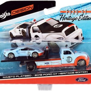 2019 Ford GT #9 Heritage Edition with Flatbed Truck Light Blue and Orange “Elite Transport” Series 1/64 Diecast Model Cars by Maisto