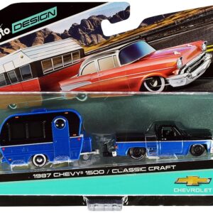 1987 Chevrolet 1500 Pickup Truck with Bed Cover and Classic Craft Travel Trailer Black and Blue Metallic “Tow & Go” Series 1/64 Diecast Models by Maisto