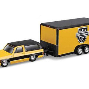 1979 Chevrolet K5 Blazer Yellow with Black Top and Stripes with Enclosed Car Trailer Yellow and Black “Center Line” “Tow & Go” Series 1/64 Diecast Model Car by Maisto