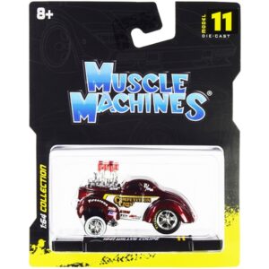 1941 Willys Coupe Gasser “Competition Cams” Red Metallic and White 1/64 Diecast Model Car by Muscle Machines