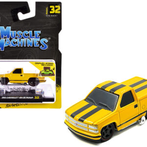 1993 Chevrolet 454 SS Pickup Truck Yellow with Black Stripes 1/64 Diecast Model Car by Muscle Machines