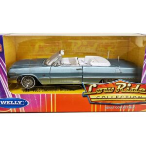 1963 Chevrolet Impala Convertible Lowrider Light Blue Metallic with White Interior “Low Rider Collection” 1/24 Diecast Model Car by Welly