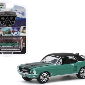 1967 Ford Mustang Coupe Loveland Green Metallic with Black Stripes and Black Top and a Pair of Skis “Ski Country Special” “Hobby Exclusive” 1/64 Diecast Model Car by Greenlight