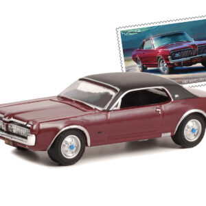 1967 Mercury Cougar XR-7 GT Dark Red with Black Top USPS (United States Postal Service) “2022 Pony Car Stamp Collection by Artist Tom Fritz” “Hobby Exclusive” Series 1/64 Diecast Model Car by Greenlight