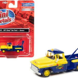 1957 Chevrolet Stepside Tow Truck “Sunoco” Blue and Yellow 1/87 (HO) Scale Model Car by Classic Metal Works