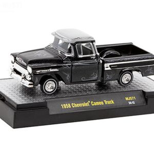 1958 Chevrolet Cameo Pickup Truck Black Metallic with Graphics and Gray Top “Lowriders” Limited Edition to 5500 pieces Worldwide 1/64 Diecast Model Car by M2 Machines