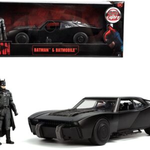 Batmobile Matt Black with Lights with Batman Diecast Figurine “The Batman” (2022) Movie “DC Comics” 1/18 Diecast Model Car by Jada