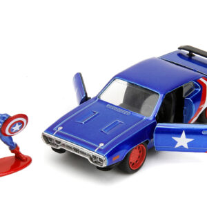 1972 Plymouth GTX Candy Blue with Red and White Stripes and Captain America Diecast Figure “The Avengers” “Hollywood Rides” Series 1/32 Diecast Model Car by Jada