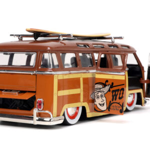 Volkswagen T1 Bus Brown with Graphics “Sheriff Woody” and Woody Diecast Figure and Surfboard “Toy Story” (1995) Movie “Hollywood Rides” Series 1/24 Diecast Model Car by Jada