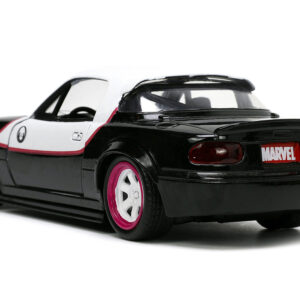 1990 Mazda Miata Black and White with Graphics and Ghost Spider Diecast Figure “Spider-Man” “Marvel” Series 1/32 Diecast Model Car by Jada