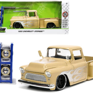 1955 Chevrolet Stepside Pickup Truck Tan with White and Silver Flames with Extra Wheels “Just Trucks” Series 1/24 Diecast Model Car by Jada