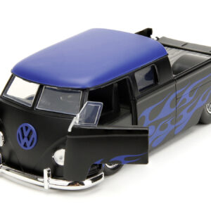 1963 Volkswagen Bus Pickup Truck Matt Black with Matt Blue Top and Flames Graphics “Punch Buggy” Series 1/24 Diecast Model Car by Jada