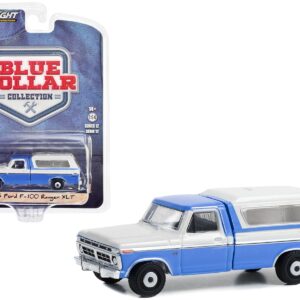 1975 Ford F-100 Ranger XLT Pickup Truck with Camper Shell Wind Blue and Wimbledon White “Blue Collar Collection” Series 12 1/64 Diecast Model Car by Greenlight