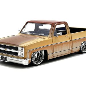 1985 Chevrolet C-10 Pickup Truck Yellow with Brown Top (Rusted) and Daytona Wire Wheels “Just Trucks” Series 1/24 Diecast Model Car by Jada