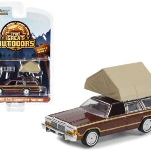 1979 Ford LTD Country Squire Brown with Wood Panels with Camp’otel Cartop Sleeper Tent “The Great Outdoors” Series 2 1/64 Diecast Model Car by Greenlight