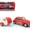 1967 Volkswagen Beetle Red with Teardrop Travel Trailer Red and White “Coca-Cola” 1/43 Diecast Model Car by Motorcity Classics