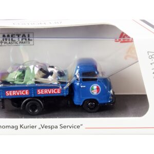 Hanomag Kurier Transporter “Vespa Service” Blue with 2 Vespas (Green and Cream) 1/87 (HO) Diecast Models by Schuco