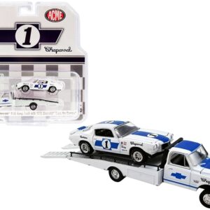 1967 Chevrolet C-30 Ramp Truck with 1970 Chevrolet Trans Am Camaro #1 White with Blue Stripes “Chaparral” “Acme Exclusive” 1/64 Diecast Model Cars by Greenlight for ACME