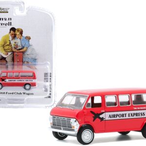 1968 Ford Club Wagon Bus “Airport Express Shuttle” Red with White Stripe “Norman Rockwell” Series 3 1/64 Diecast Model Car by Greenlight