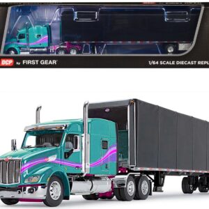 Peterbilt 579 with 72″ Mid-Roof Sleeper and 53′ Utility RollTarp Trailer Teal and Black with Purple Stripes 1/64 Diecast Model by DCP/First Gear