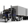 Peterbilt 389 with 63″ Mid-Roof Sleeper and Container Trailer and Two 20′ Dry Goods Containers Jet Black with Stripes “DCP Exclusive” Series 1/64 Diecast Model by DCP/First Gear