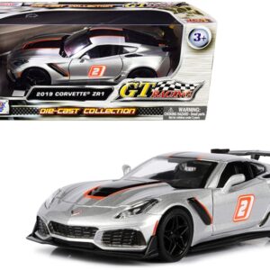 2019 Chevrolet Corvette ZR1 #2 Silver with Black and Orange Stripes “GT Racing” Series 1/24 Diecast Model Car by Motormax