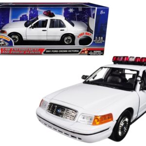 2001 Ford Crown Victoria Police Car Plain White with Flashing Light Bar and Front and Rear Lights and Sounds 1/18 Diecast Model Car by Motormax