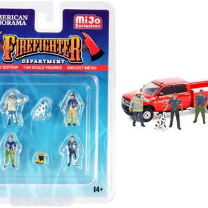 “Firefighter II” 6 piece Diecast Set (4 Figurines 1 Dog and 1 Accessory) for 1/64 Scale Models by American Diorama