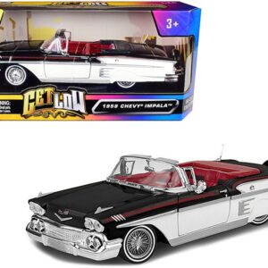 1958 Chevrolet Impala Convertible Lowrider Black and White with Red Interior “Get Low” Series 1/24 Diecast Model Car by Motormax