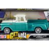 1957 Chevrolet 3100 Stepside Pickup Truck Lowrider Turquoise Metallic and White with White Interior “Get Low” Series 1/24 Diecast Model Car by Motormax