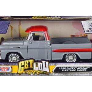 1958 Chevrolet Apache Fleetside Pickup Truck Lowrider Gray with Red Top “Get Low” Series 1/24 Diecast Model Car by Motormax