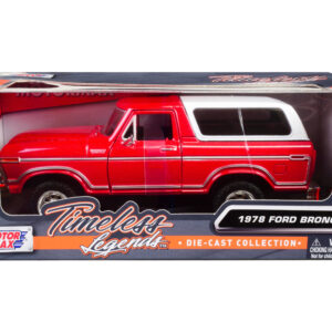 1978 Ford Bronco Custom Red and White “Timeless Legends” Series 1/24 Diecast Model Car by Motormax