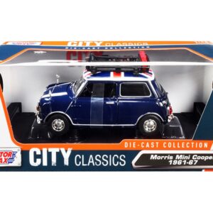 1961-1967 Morris Mini Cooper RHD (Right Hand Drive) Dark Blue with British Flag on the Top and Roof Rack “City Classics” Series 1/18 Diecast Model Car by Motormax