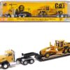 CAT Caterpillar CT660 Day Cab Tractor Yellow with Lowboy Trailer and CAT 163H Motor Grader Yellow 1/87 (HO) Diecast Model by Diecast Masters