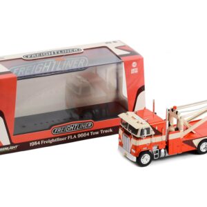 1984 Freightliner FLA 9664 Tow Truck Orange and White with Brown Graphics 1/43 Diecast Model Car by Greenlight