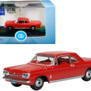 1963 Chevrolet Corvair Coupe Riverside Red with Red Interior 1/87 (HO) Scale Diecast Model Car by Oxford Diecast