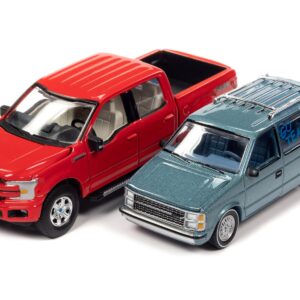 2018 Ford F-150 Pickup Truck Red and 1984 Dodge Caravan Minivan Blue Metallic “World’s Best Mom and Dad” Set of 2 Pieces 1/64 Diecast Model Cars by Auto World