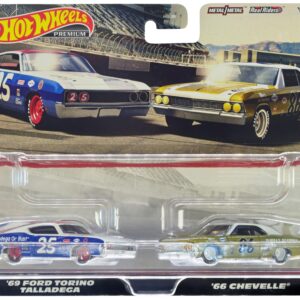 1969 Ford Torino Talladega #25 White and Blue with Red Top and 1966 Chevrolet Chevelle #86 Gold with White Top “Car Culture” Set of 2 Cars Diecast Model Cars by Hot Wheels